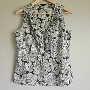 New York & Company Top Women M Black White Floral Ruffle Sleeveless Career Tank